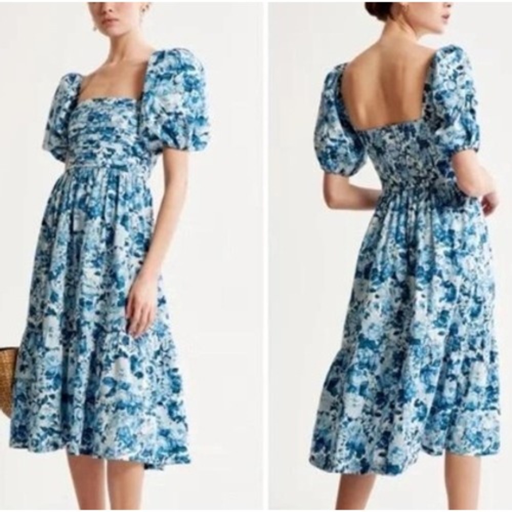 Abercrombie & Fitch Blue Floral Puff Sleeve Smocked Mini Dress XL 159D1958